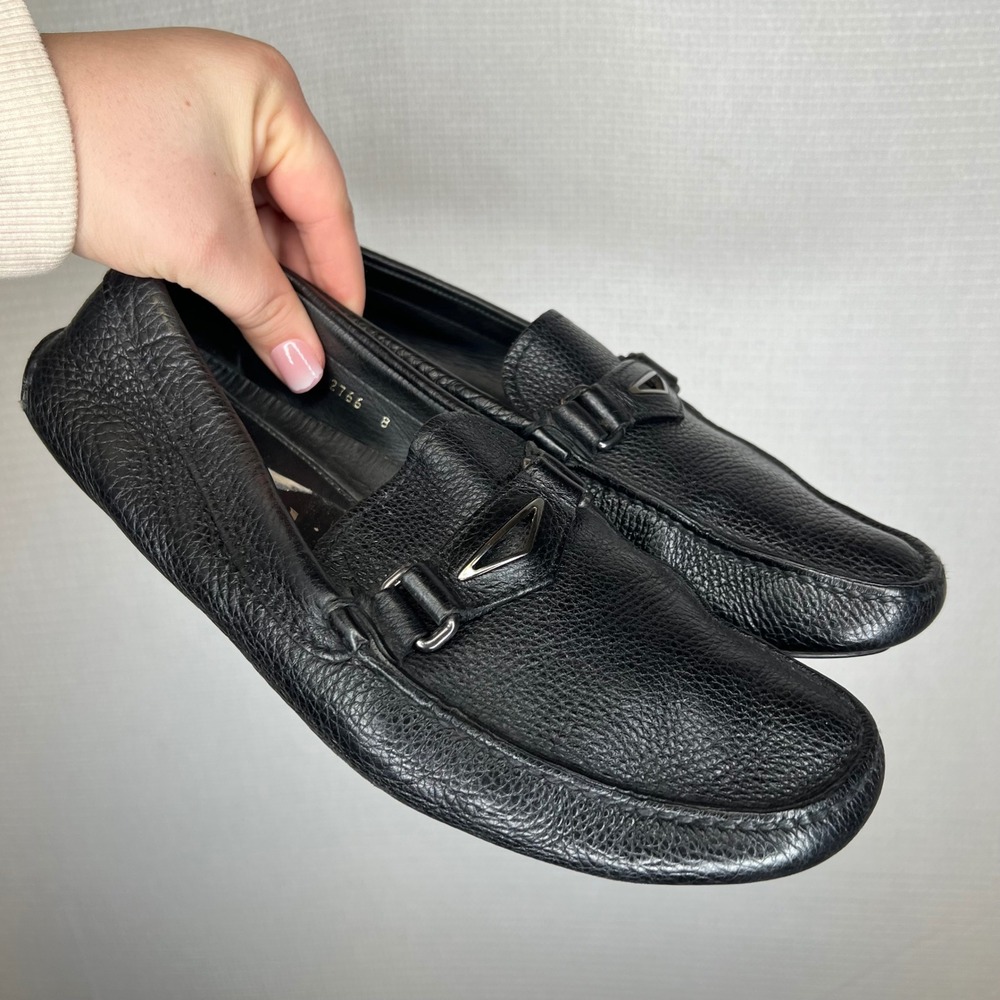 Prada Mens Black Pebbled Leather Triangle Hardware Driving Loafers 2D 2766 8